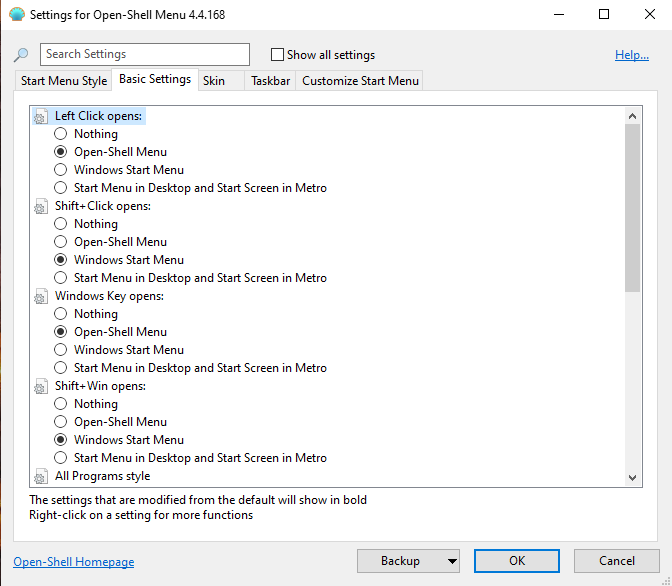 Open shell menu